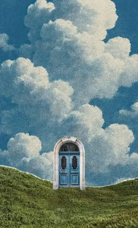 Collage of a blue arched door standing alone on a grassy hill under big clouds