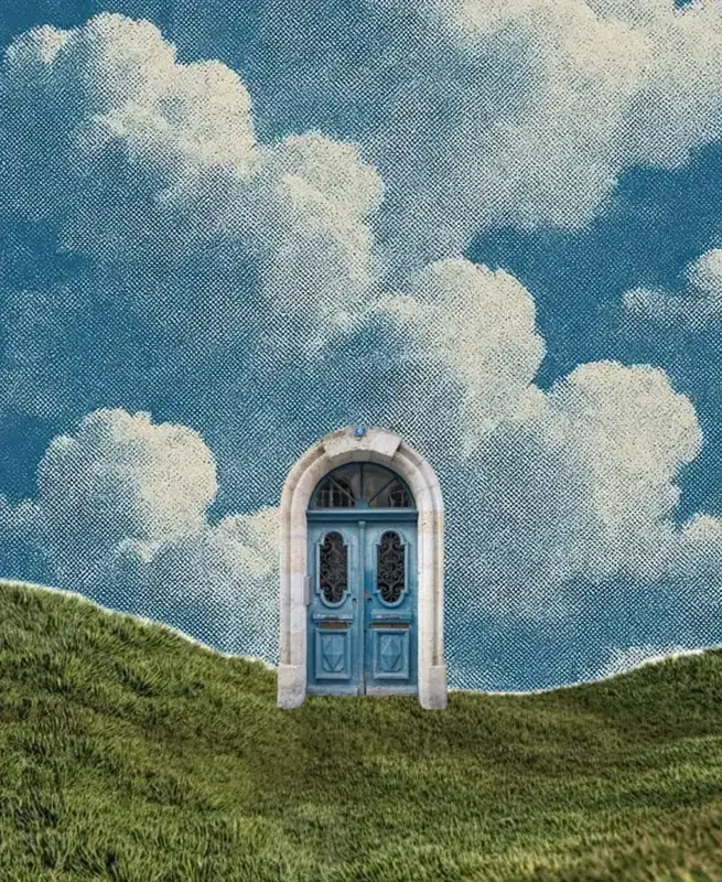 Collage of an arched blue door standing on a green hill under a sky of clouds